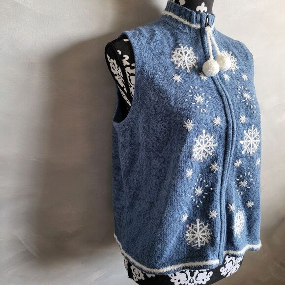 Breckenridge Blue Snowflake Embroidered Zip Vest Petite Large Rabbit Hair Wool - Picture 4 of 9
